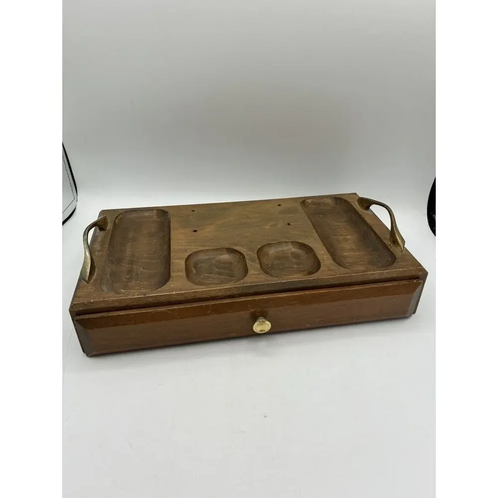 Vintage Japanese Wood Mens Valet Dresser Caddy Brass Handles Red Lined Drawer